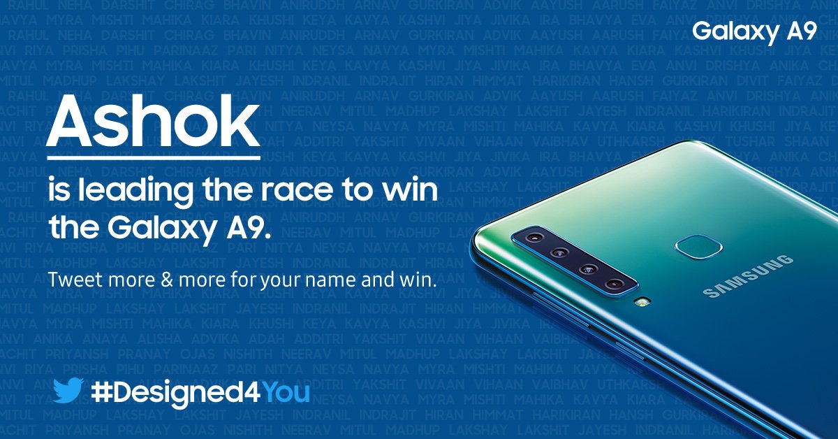 SamsungIndia's tweet photo. Ashok is getting closer to winning the #Worlds1stQuadCam smartphone. Tweet more & more for your name and you could win this powerhouse of innovation. Tell us why #GalaxyA9 is #Designed4You using #Designed4<your first name>. T&C apply. Know more: https://t.co/pFfeIdxN1S https://t.co/OckSjsHWLR