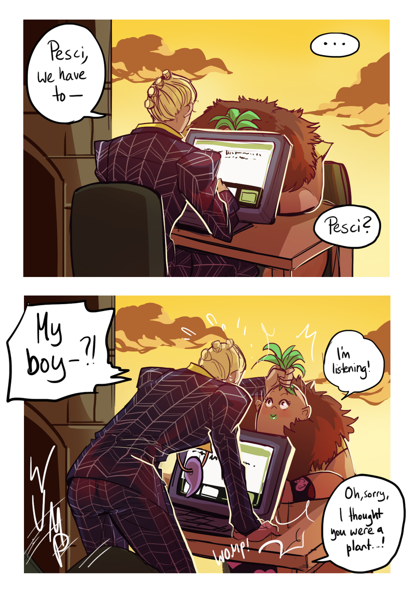 [Vento Episode 9 spoilers]

I didn't register my boy Pesci was sitting there until someone pointed out to me that he looked like a plant, so I went back to check and THERE HE WAS ALL THE TIME MY EYES JUST COULDN'T SEE 