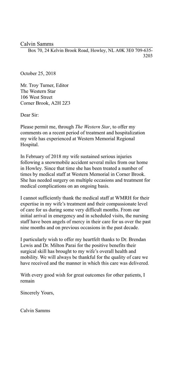 simmsstephen's tweet photo. A thank you letter my grandfather tried to express via @western_star but was turned away. Unfortunately, if the letter was tearing down the doctors and nurses, it would have no problem being published. He asked me to share. https://t.co/bcDTfWrgxM