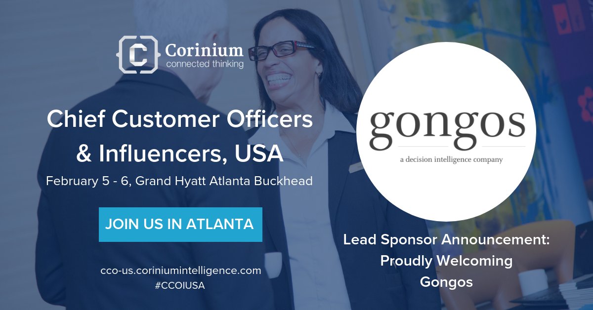 At Chief Customer Officers &amp; Influencers, USA we couldn't be happier to announce and welcome lead sponsor Gongos! Join us all in Atlanta to network, share, and gain valuable #insights with the #CCO &amp; #CX Leaders Community: bit.ly/2DQPKWo #customercentricity #CS #CCOIUSA