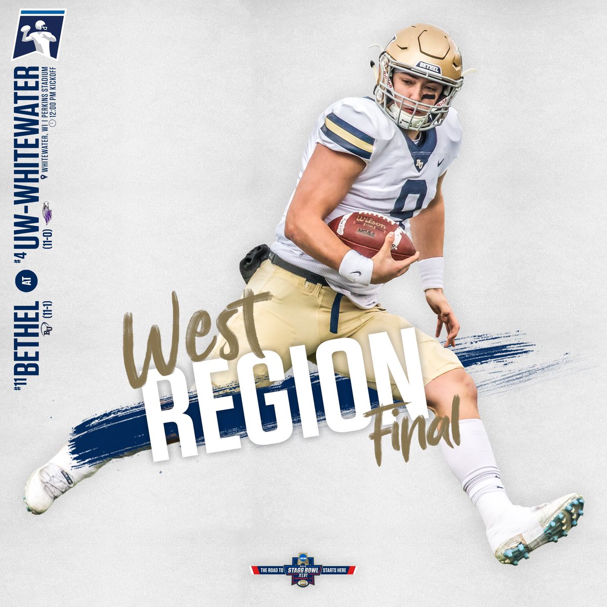 BethelRoyalsFB's tweet photo. The West Regional Finals are TODAY! No. 11 Bethel travels to no. 4 Wisconsin-Whitewater to battle for a spot in the Final 4🏈 #BUFB18 https://t.co/d2FQsMN9ig