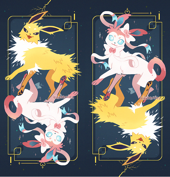 a stylized illustration of jolteon and sylveon