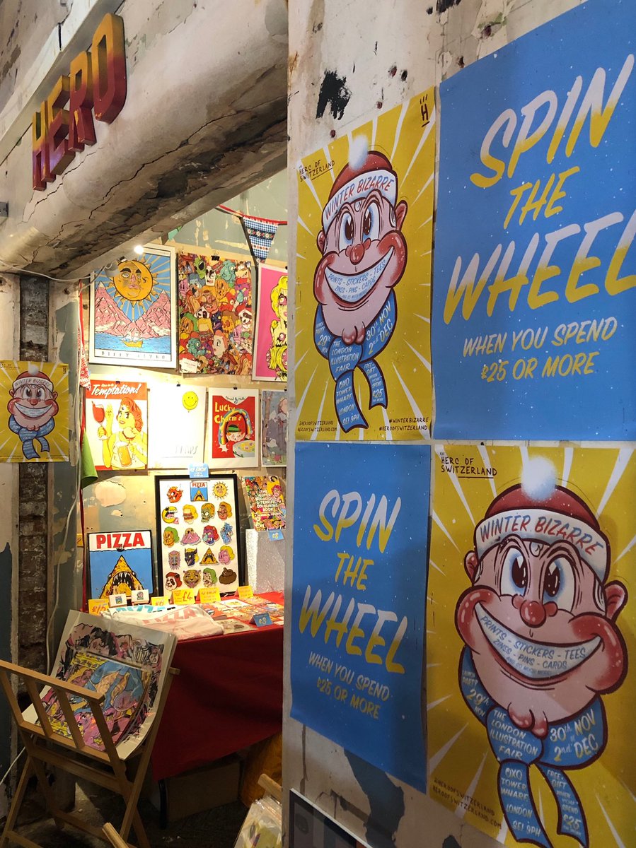 ⁦<a href="/heroswitzerland/">Hero of Switzerland</a>⁩ are at ⁦<a href="/TheLIFLondon/">Illustrate London!</a>⁩ this weekend with our Winter Bizarre. Come say hello, spin the wheel, win a prize, get your blind portrait done for £1 #hero #illustration #fair #prints #cards #teatowels