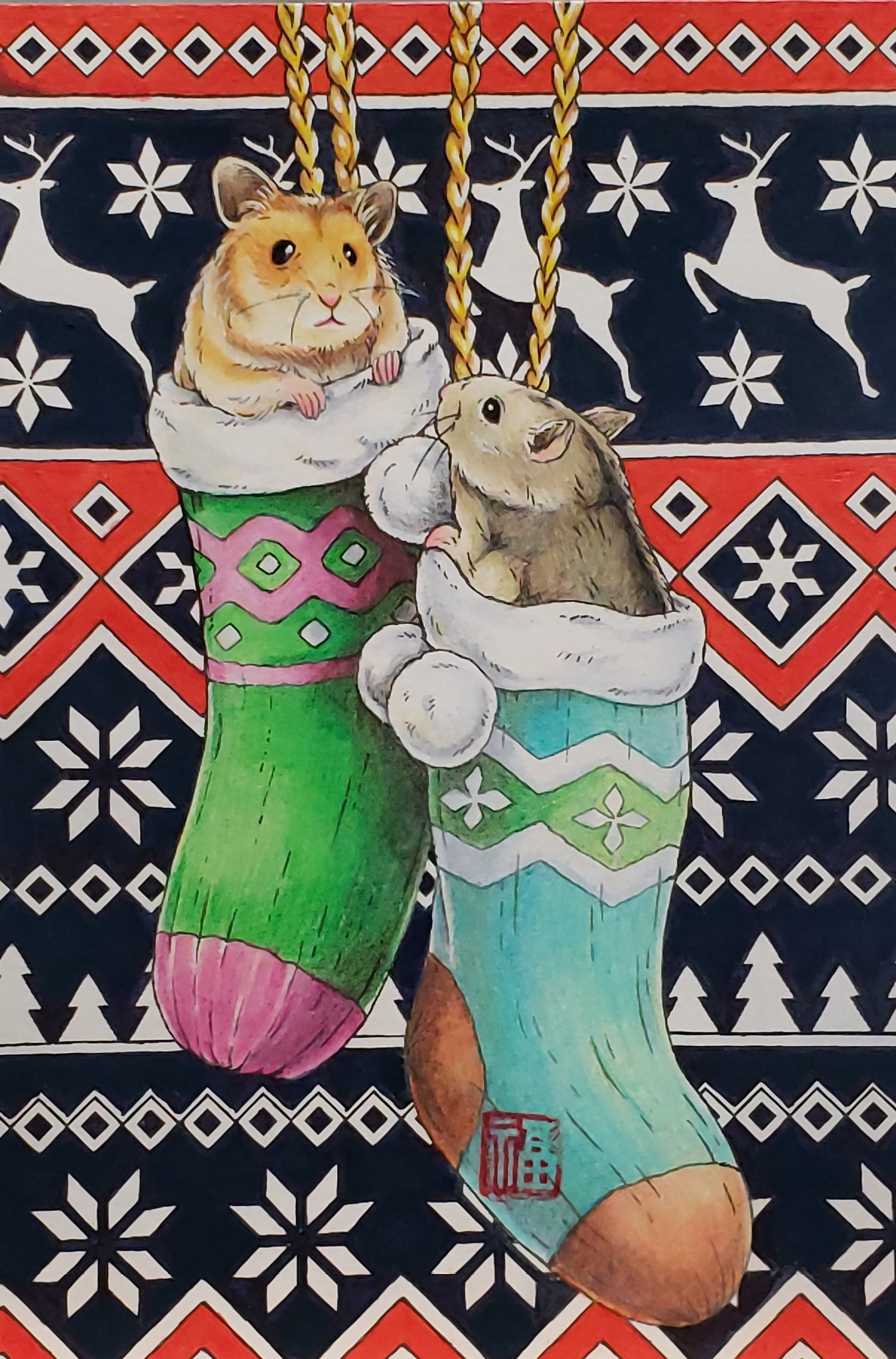 福猫coloriage 心ときめく四季のワルツ より 靴下にクリスマスカラー使えないなって思ってこの色に 背景の柄とハムちゃん好きな感じで塗れたので満足です 大人の塗り絵 江種鹿乃子 さん 色鉛筆 T Co 4dvm6rmn9c Twitter