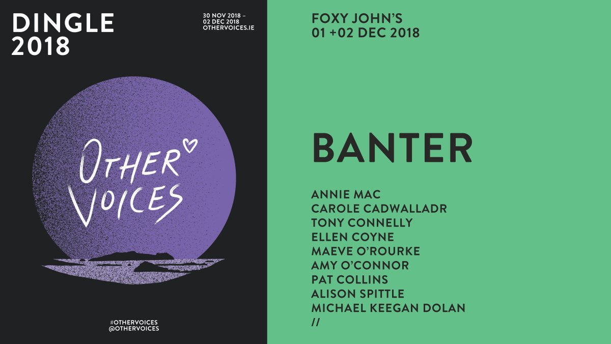 hellobanter's tweet image. It’s time for @HelloBanter at @OtherVoicesLive. Joining us today by the fire at Foxy John’s in downtown Dingle will be:
@tconnellyRTE (2.15pm), 
@AnnieMac (3pm), 
@ellenmcoyne (4pm) &amp;amp; 
@maeveorourke (5pm). 
Music from @asmythmusic (2pm) &amp;amp; @eefanivreen (5.45pm)