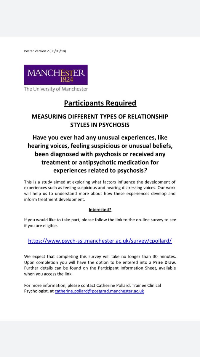 We are looking for participants to take part in a study exploring which factors influence the development of experiences such as feeling suspicious and hearing voices.Please RT!

Study here: psych-ssl.manchester.ac.uk/survey/cpollar… …

#paranoia #psychosis #MentalHealthMatters #hearingvoices #uom