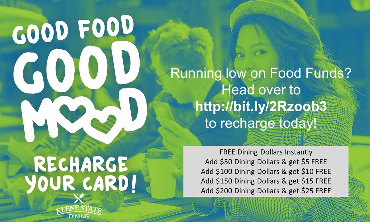 KeeneDining's tweet photo. Running low on dining dollars? Recharge your card today and get FREE dining dollars instantly. https://t.co/WfuslpAs75