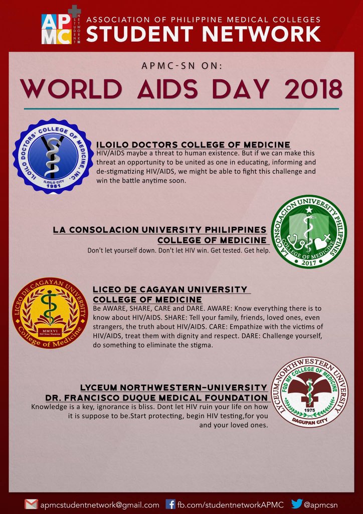apmcsn's tweet photo. The Association of Philippine Medical Colleges - Student Network, with its member schools all over the country are one in celebrating the WORLD AIDS DAY.
Together, let's advocate for HIV/AIDS Awareness and cure the stigma!
#WAD2018 #APMCSN360 #In4Health
(2/5) https://t.co/qevyronNbx