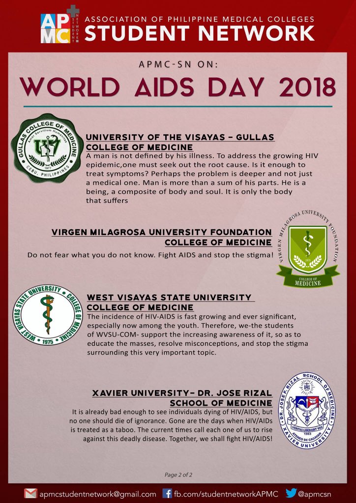 apmcsn's tweet photo. The Association of Philippine Medical Colleges - Student Network, with its member schools all over the country are one in celebrating the WORLD AIDS DAY.
Together, let's advocate for HIV/AIDS Awareness and cure the stigma!
#WAD2018 #APMCSN360 #In4Health
(3/5) https://t.co/IL3KWQWurj