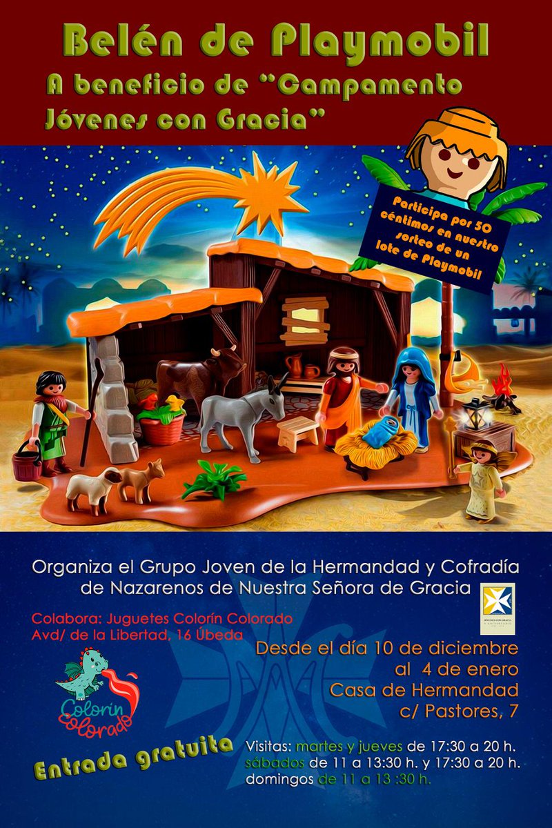 BELÉN | Desde el 10 de diciembre hasta el 4 de enero se podrá visitar en nuestra Casa de Hermandad (C/ Pastores, 7) un Belén de Playmobil con entrada gratuita en horario:
-Martes y jueves de 17:30 a 20 h.
-Sábados de 11 a 13:30 h y de 17:30 a 20 h.
-Domingos de 11 a 13:30 h.