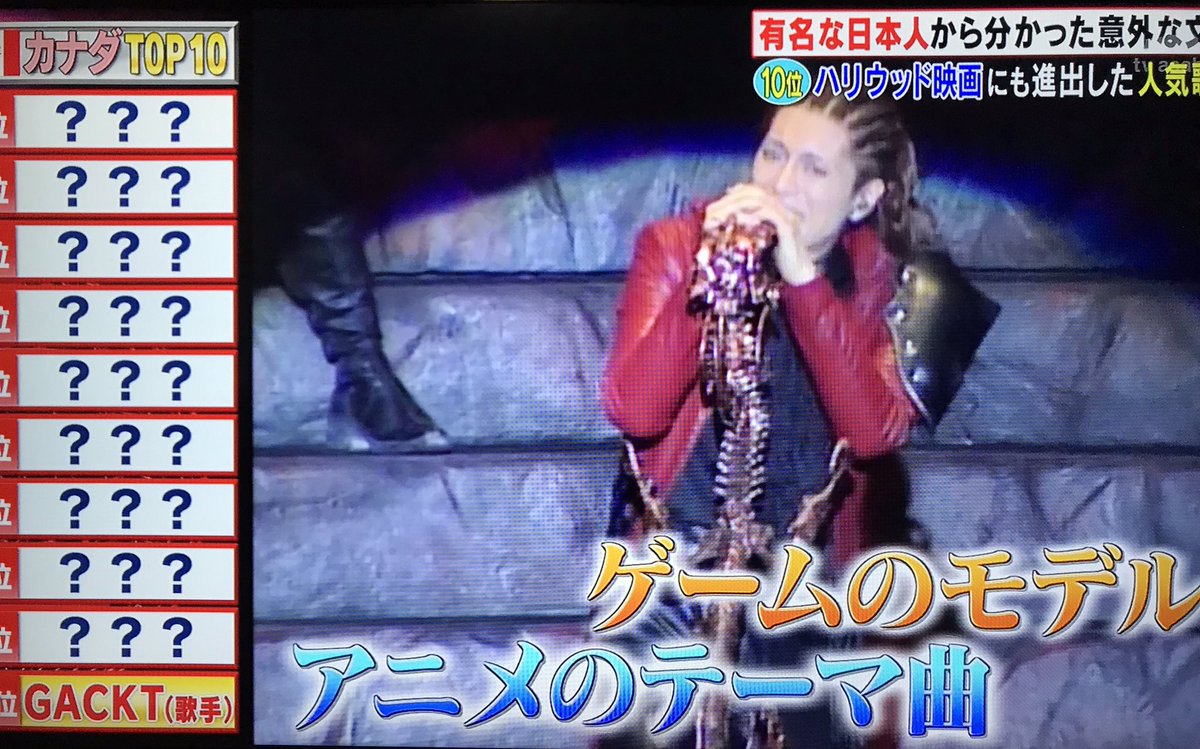 花威 Gackt Khaos全通 على تويتر テレ朝 陸海空 地球征服するなんてで カナダで1番有名な日本人は にて 10位で Gackt登場 Bunrakuだけでなく ゲームのモデルになったり アニメの主題歌を歌ったりしているからカナダでも知られているとのこと Gackt