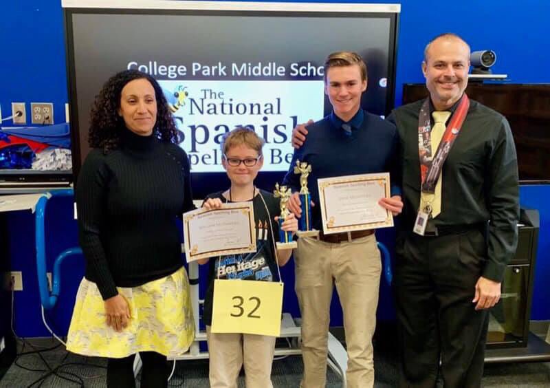 CPMS_OCPS's tweet photo. Felicidades to all of our Spanish Spelling Bee participants!!! Pictured below: Ms. Alvarado, William McNarney (runner-up), Zane Menendez (1st place), and Dr. Carr #collegeparkmiddleschoolocps #ocpsnews #advancedocps https://t.co/Us3YXiGqcr