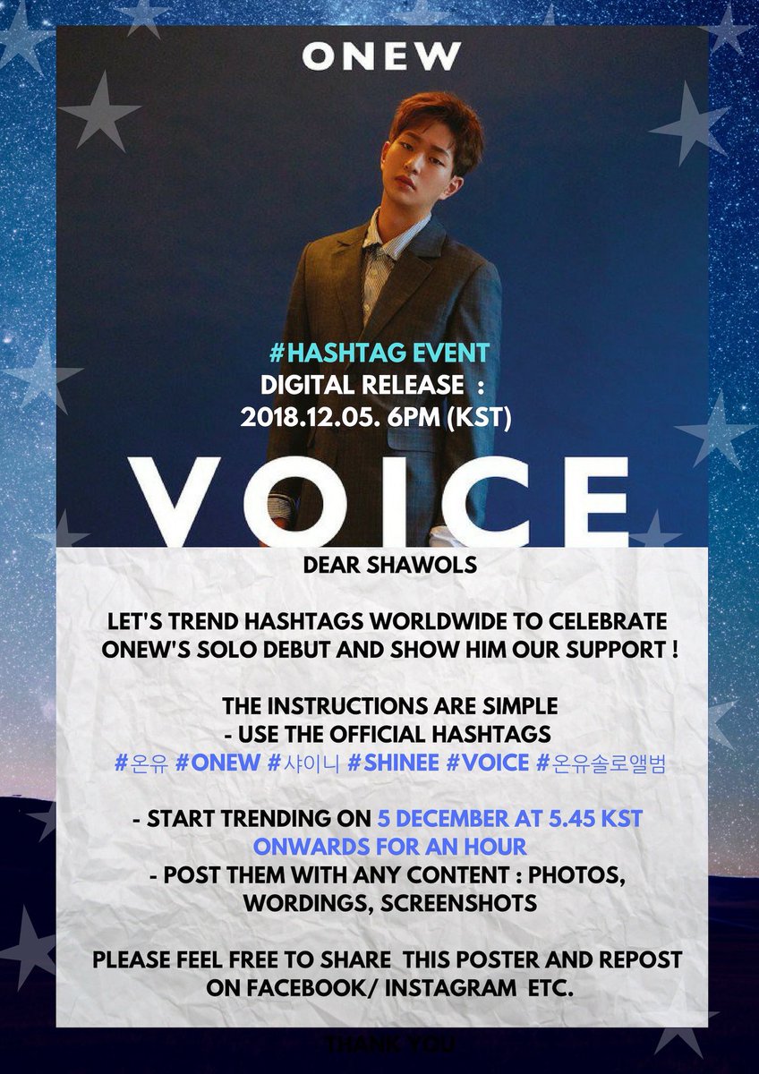 RealUnkle1932's tweet photo. [ PLS RT &amp; SHARE ]

In celebration of our leader’s debut with his album ‘VOICE’ let’s trend the below hashtags worldwide 🌍 

#온유 #ONEW #샤이니 #SHINee #VOICE #온유솔로앨범

Date : 5 December 
Time : 5.45 pm onwards

Pls feel free to use the pic and share it on social media. https://t.co/P494KDwBCe