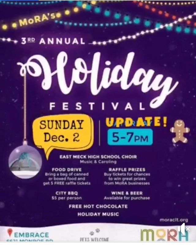 MoRACLT's tweet photo. Update on holiday party. Due to rain it has been changed to Sunday 5-7pm. Come out and join us !! #moraclt #clt #eastcharlotte #holidayparty #funfunfun #embracemora #embracetheseason #jointhefun https://t.co/Hgi49IdqCw https://t.co/pDoEhqNS7H