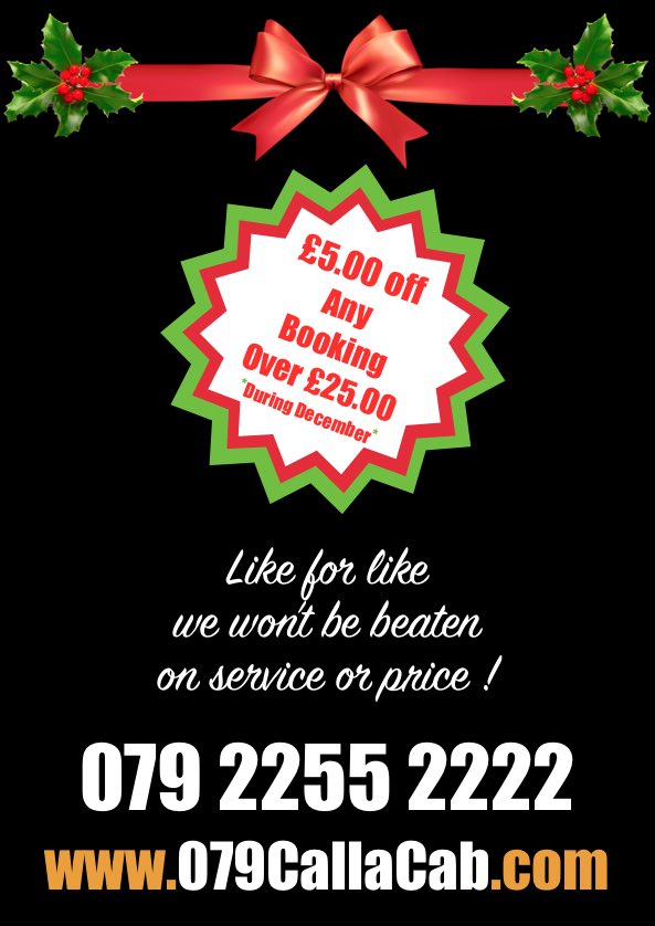 079callacab's tweet photo. Merry Christmas everyone! This December we are giving away up to £25,000 worth of discounts! Don’t forget to book your Christmas &amp; New Years Taxi’s early! Just mention our December flyer when making your booking. #LocalFavourite #079CallaCab #CambournesFinest #SettingTheStandard https://t.co/qHokTZmQ2T
