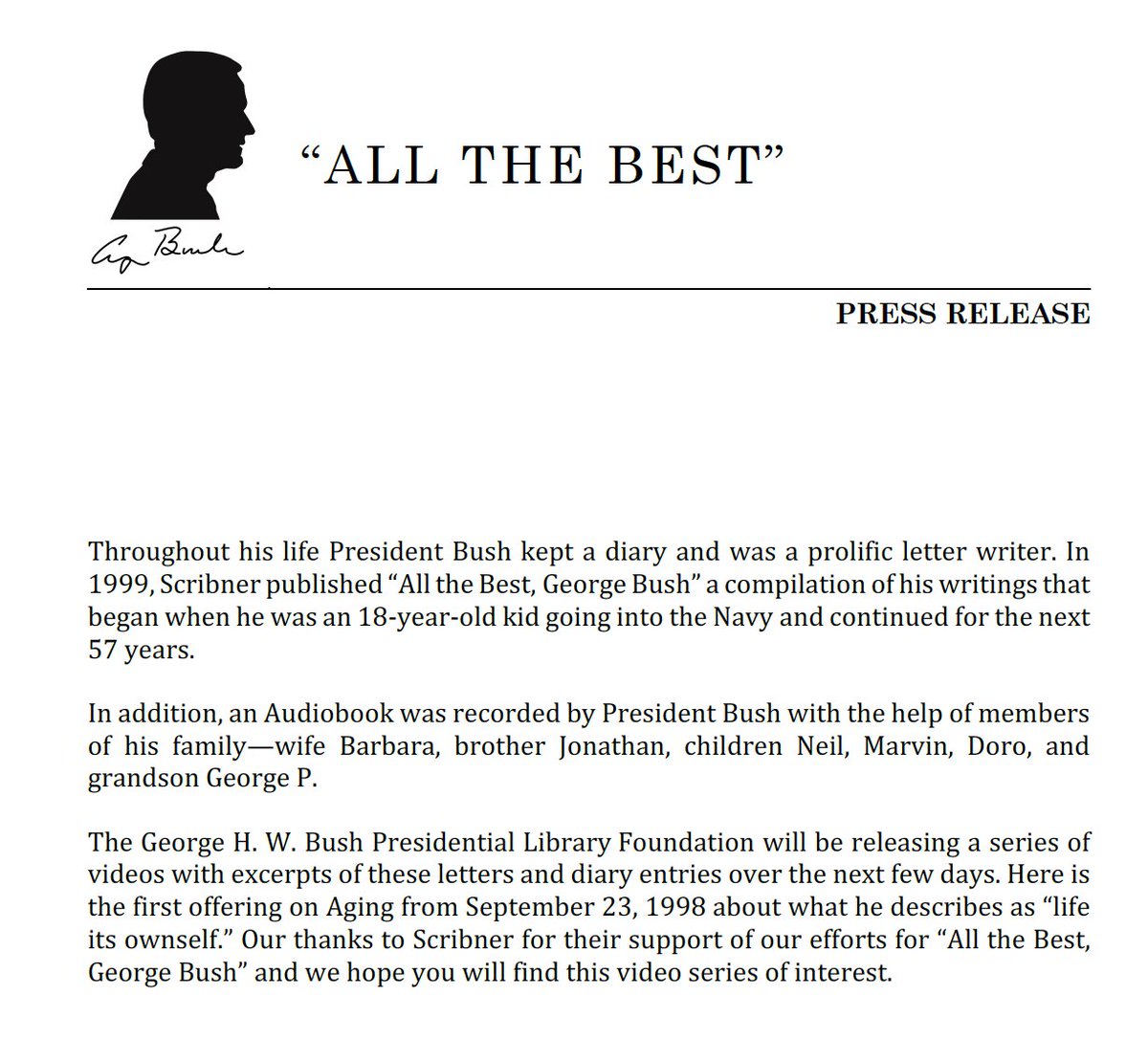 Jim McGrath (@jgm41) on Twitter photo 2018-12-01 20:54:03 Check the @Bush41 feed today (soon) for a special series of video book excerpts taken from @GeorgeHWBushs book of letters All the Best published by @ScribnerBooks. The first video entitled Last Letter focuses on a letter 41 wrote to his children about aging. #Remembering41 Check the @Bush41 feed today (soon) for a special series of video book excerpts taken from @GeorgeHWBushs book of letters All the Best published by @ScribnerBooks. The first video entitled Last Letter focuses on a letter 41 wrote to his children about aging. #Remembering41