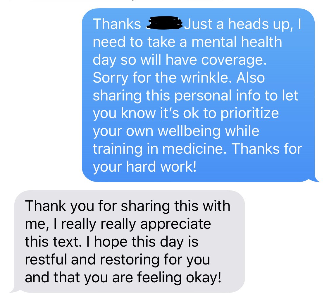 colleenmfarrell's tweet photo. It’s been a hard few weeks. This morning I woke up too exhausted and depressed to go into work, so called my chief for coverage. She had my back, attending thanked me for prioritizing self-care, patients will be fine. Here’s the text I sent my med student. #mentalhealth #meded https://t.co/Fr5zaoX7q2