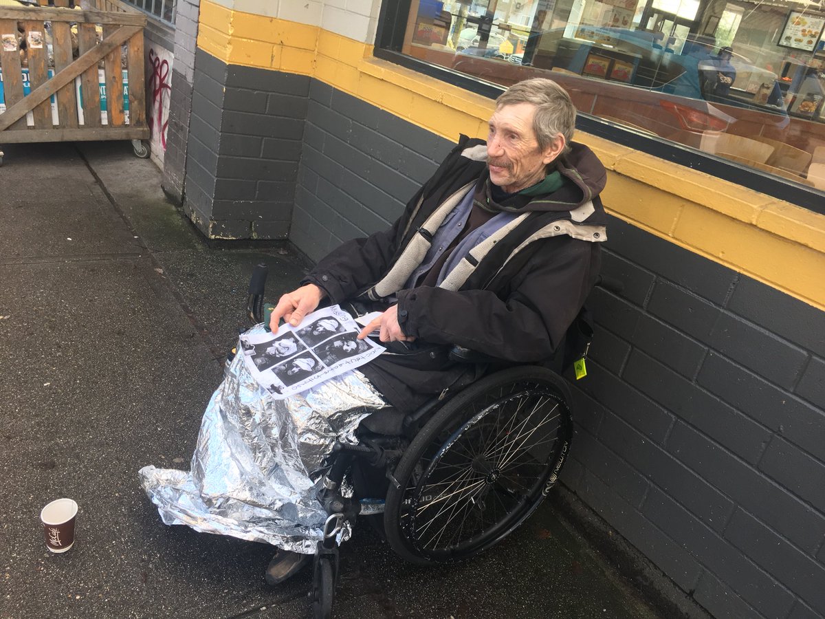 jillreports's tweet photo. This is Mike, a fixture outside Church’s Chicken &amp; Donalds’s Market on E Hastings. On Thursday someone stole his best friend, his little dog Mishah, while he was in the bathroom. He’s heartbroken and wants her back. Who does that? https://t.co/fbQpzjUmqd