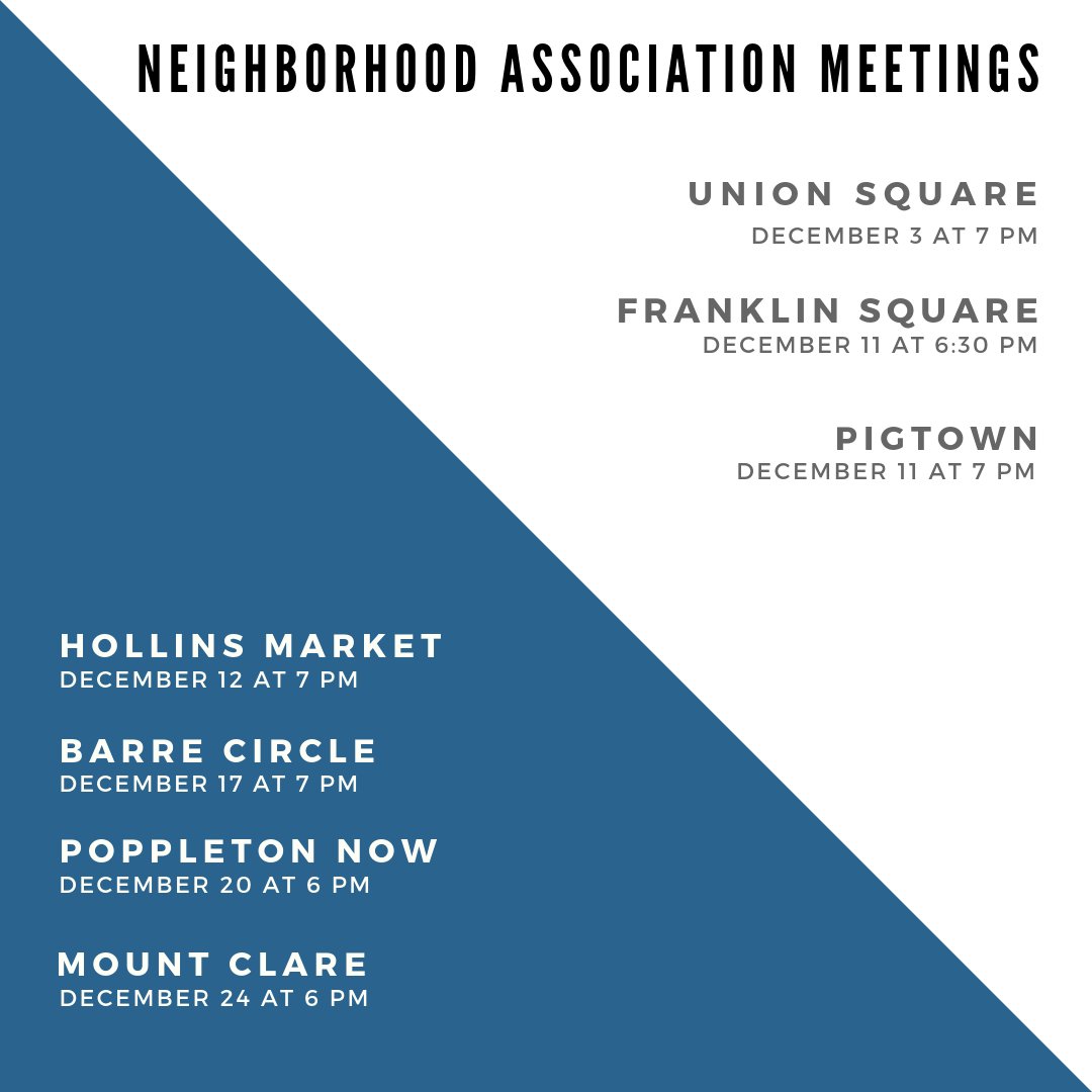 SWP_Baltimore's tweet photo. Here are the upcoming neighborhood association meetings for December…

@HollinsRndHouse @CitizensPigtown @union_square @_MountClare   
#hollinsmarket #barrecircle #franklinsquare #pigtown #poppletonnow #mountclare #unionsquare #baltimorecommunity https://t.co/E5Ey2bgArg