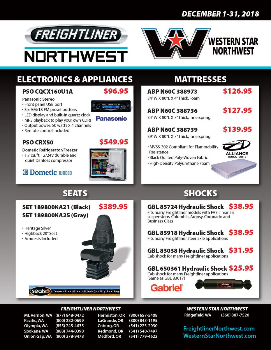 FreightlinerNW's tweet image. Looking for stocking stuffers? Look no further! Don't miss our December Parts specials, although you may need a BIG stocking! :)
#TeamFNW #FreightlinerNorthwest #PartSale 
Click to shop! buff.ly/2kItMdv