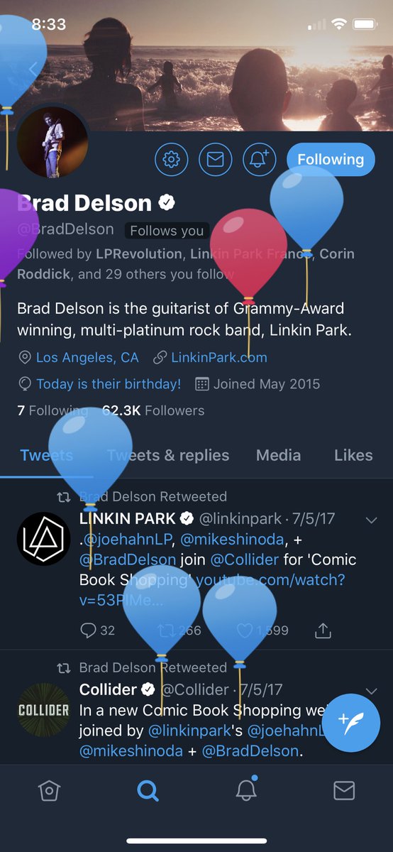mikeshinoda's tweet photo. Hey guys, go wish the @BradDelson page a happy birthday. He won’t see it, but you’ll get balloons anyway. https://t.co/0wltfmrMxp