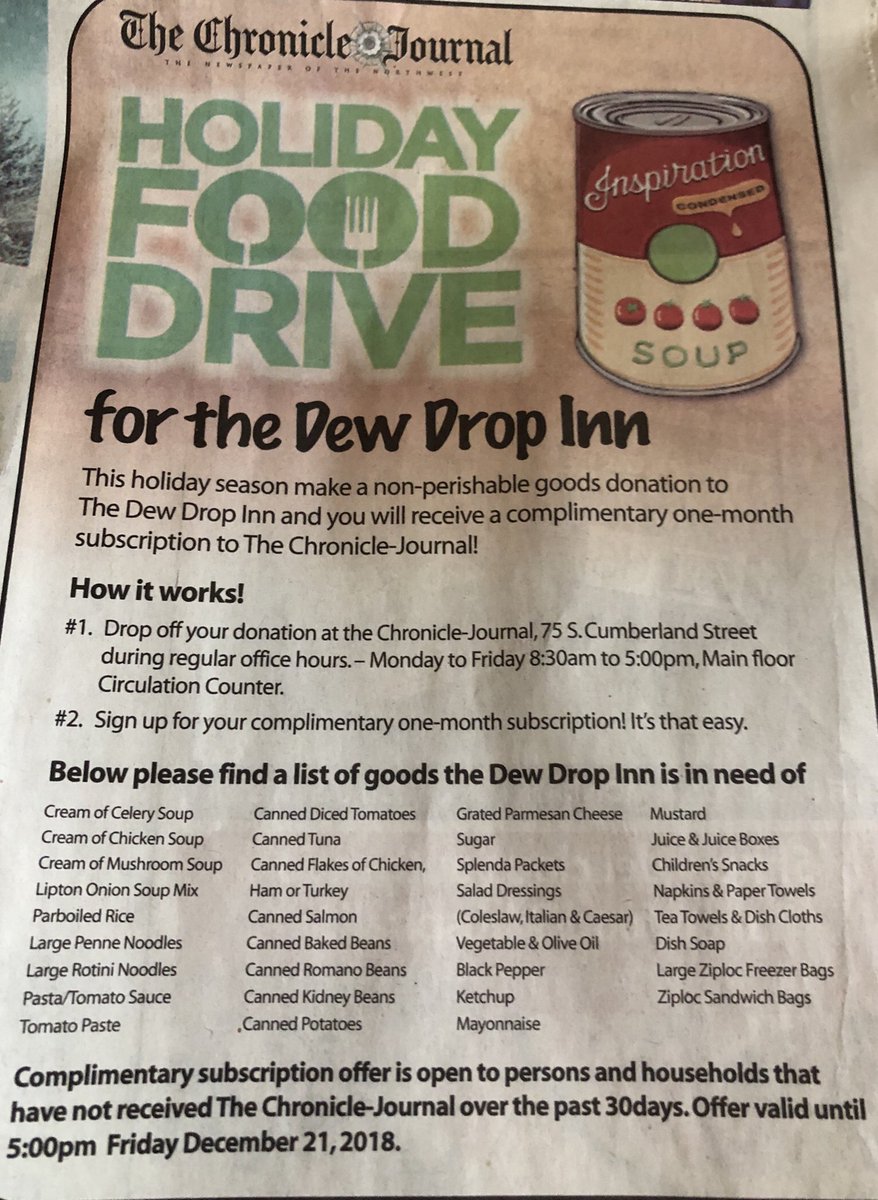 Great idea and comprehensive list  <a href="/CJ_ThunderBay/">ChronicleJournal</a>  to support #DewDropInn. Win win for everybody