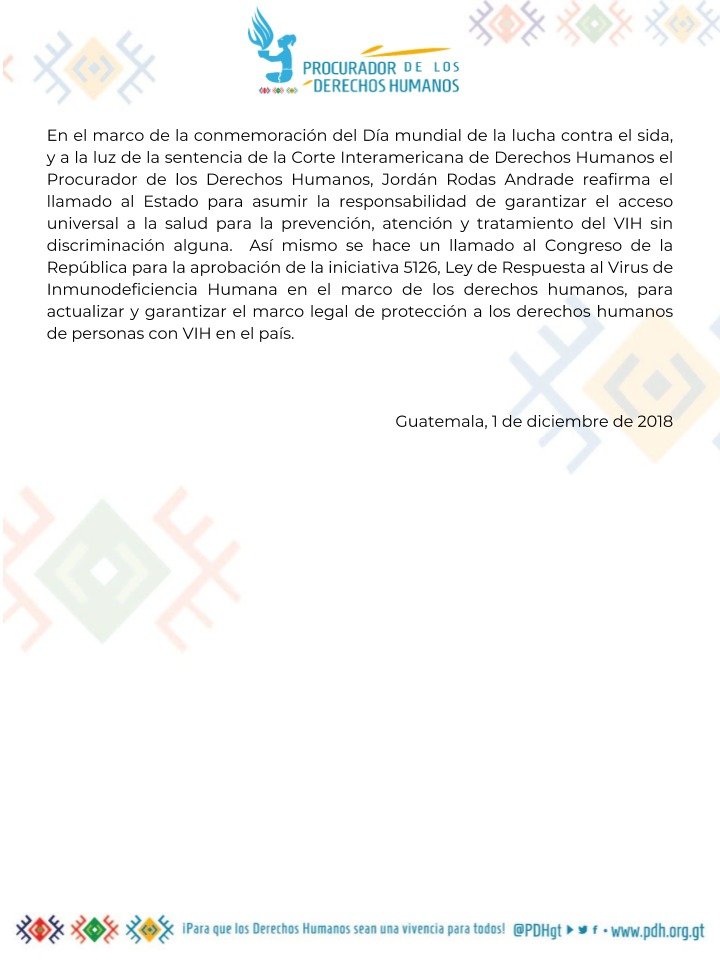 #ComunicadoPDH | En el marco del Día mundial de la lucha contra el sida el <a href="/PDHgt/">PDH Guatemala</a> reafirma el llamado al Estado para asumir la responsabilidad de garantizar el acceso universal a la salud para la prevención, atención y tratamiento del VIH.