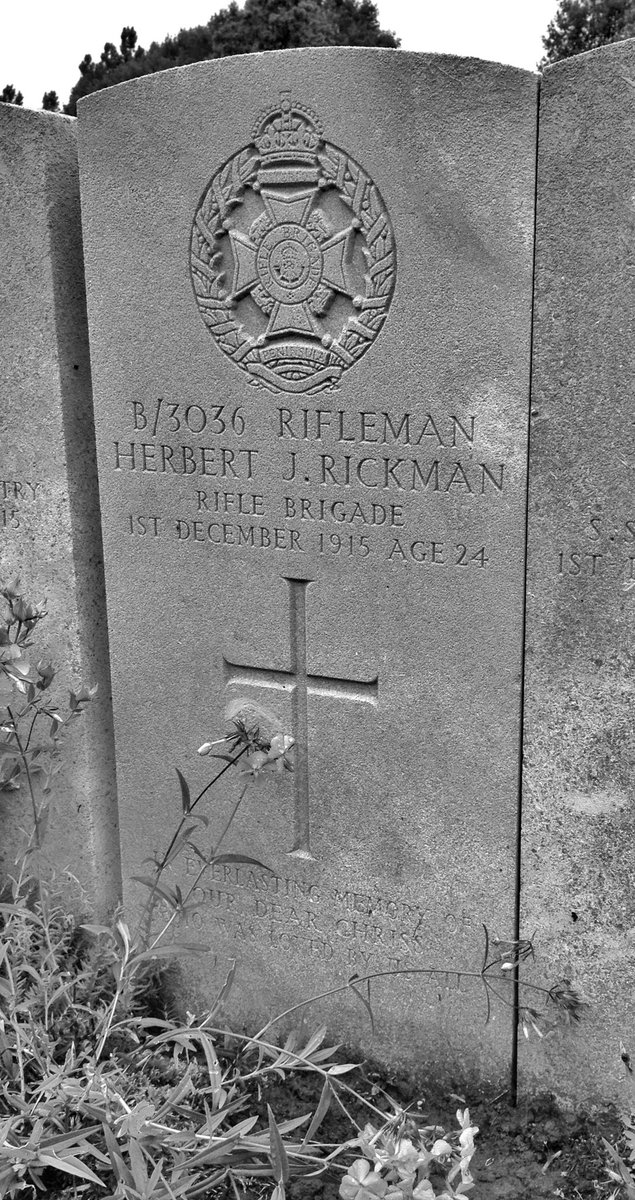 ColliersWar's tweet photo. #OTD 1915 Rifleman Herbert Jenden Rickman of Cavendish Road #collierswood and C Coy. 8th Bn Rifle Brigade died in CCS No.17 of gun shot wounds to his abdomen aged 24. His final resting place Lijssenhoek Military Cemetery #Belgium #WW1 https://t.co/j6PAt4B4hW