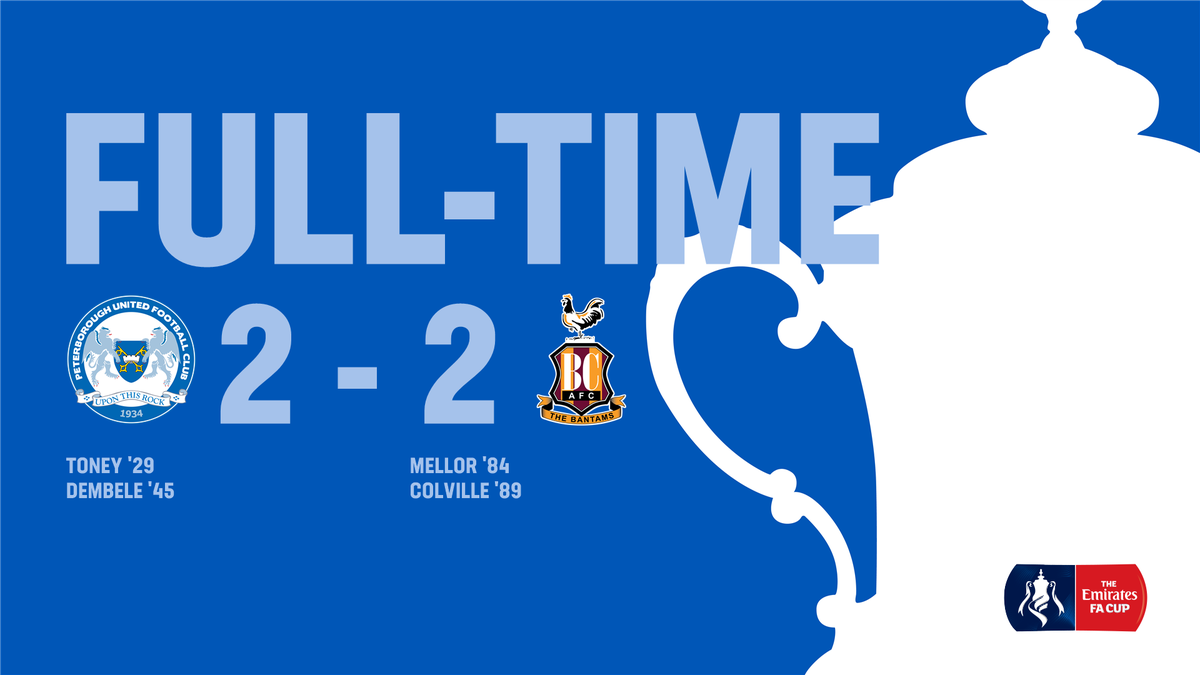theposh's tweet photo. FULL TIME | It finishes 2-2 here at the ABAX Stadium after Bradford City score two late goals. There will be a replay to be played at Valley Parade. #PUFC #PETBRA https://t.co/E37mZtGVtZ