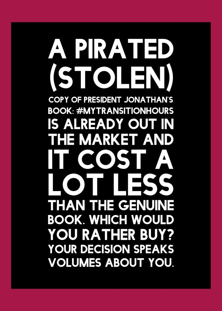 bookdomlimited's tweet photo. Genuine @my_transition Hours is one. Shun piracy. Avoid pirated (stolen) copy of @GEJonathan's #MyTransitionHours. https://t.co/NAD974FlMN