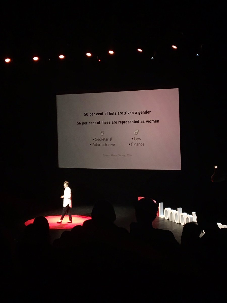 Male bots have analytical abilities, while female bots do secretarial tasks.... doesn’t sound right does it. Amazing talk by @swordstoyoung about gender biased AI at @TedxLondonWomen