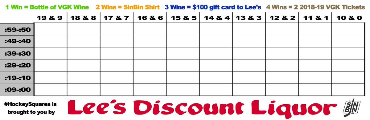 It must be Saturday... #HockeySquares is back on!

RT this tweet to enter. 60 random ppl will be chosen to get a square. Every VGK goal wins a bottle of wine from. (Must be following Lee's to enter/win)

Entries close at 6:00 PM. Good luck!