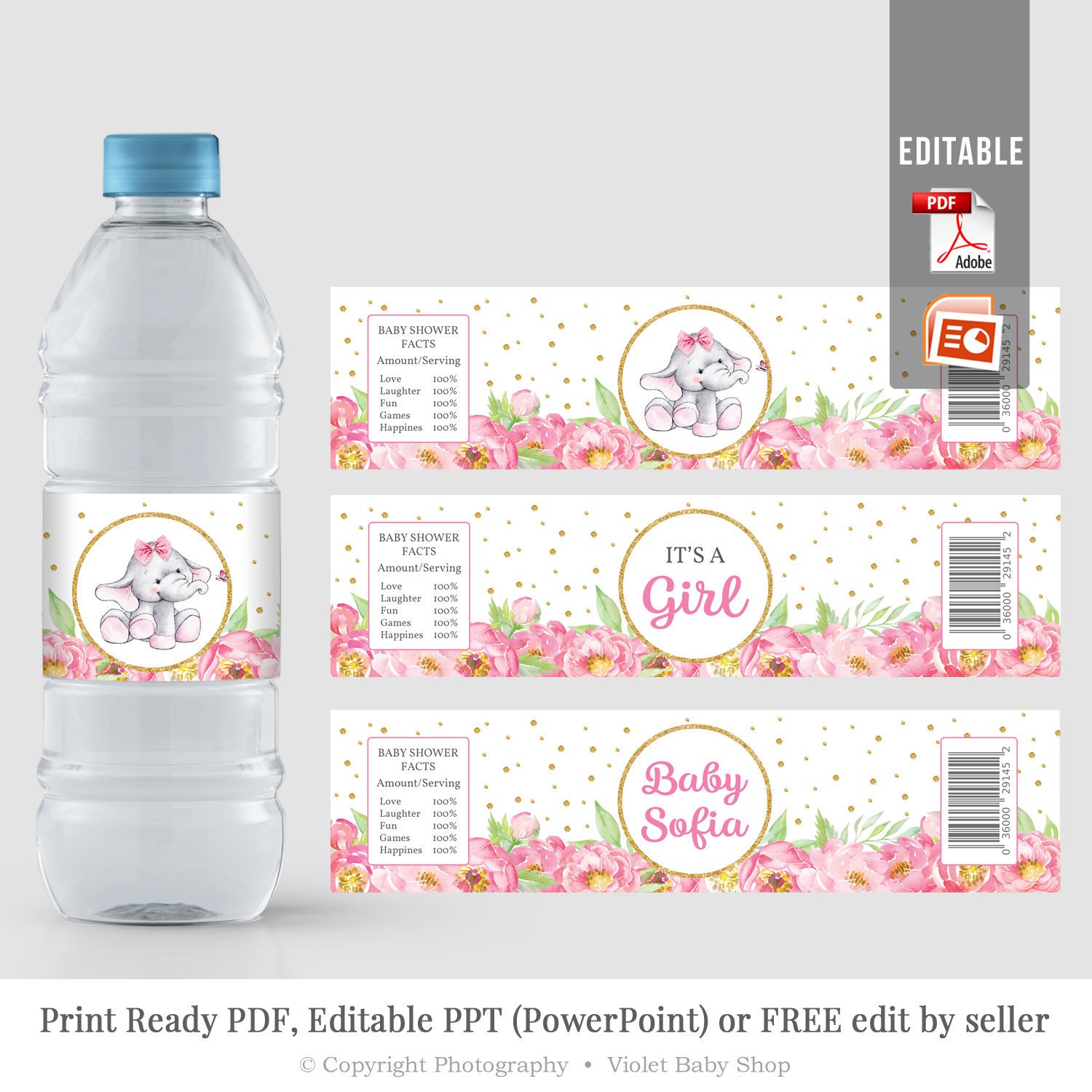 Violeta Twitterren: "Editable Water Bottle Label, Elephant Girl Within Baby Shower Water Bottle Labels Template