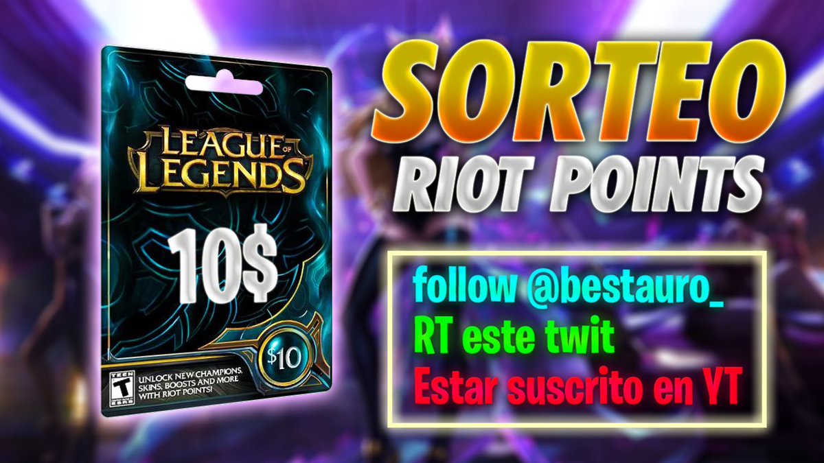 💰SORTEO DE 10$ EN RIOT POINTS💰

✅ Requisitos:

🔄Dar RT a este twit
➡️Seguirme en Twitter <a href="/Bestauro_/">Bestauro</a> 
🔴Estar suscrito en YT goo.gl/EJPyHX

🌎Sorteo Internacional
🗓️Finaliza el 10/12/2018