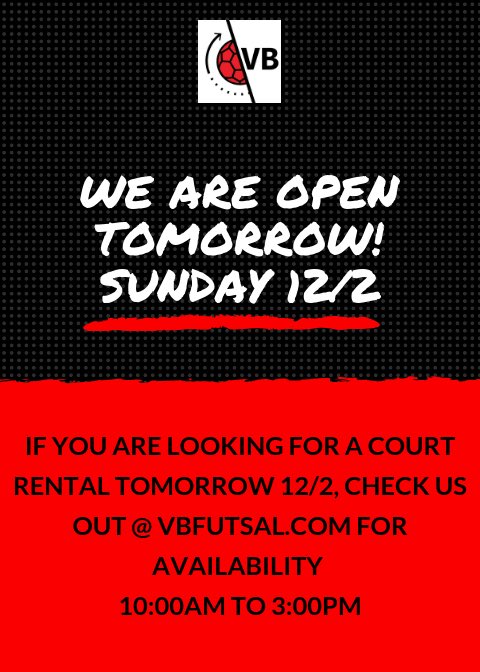 FutsalVb's tweet photo. Until league play starts, we will be open tomorrow 12/2 from 10:00am to 3:00pm ‘ish. If you want to get inside and on the court , visit https://t.co/foRN6qIPDS to rent your time slot. Sunday is a great day to get better ! #thefutsalfutureisnow #vbfutsal https://t.co/35MabSDD48