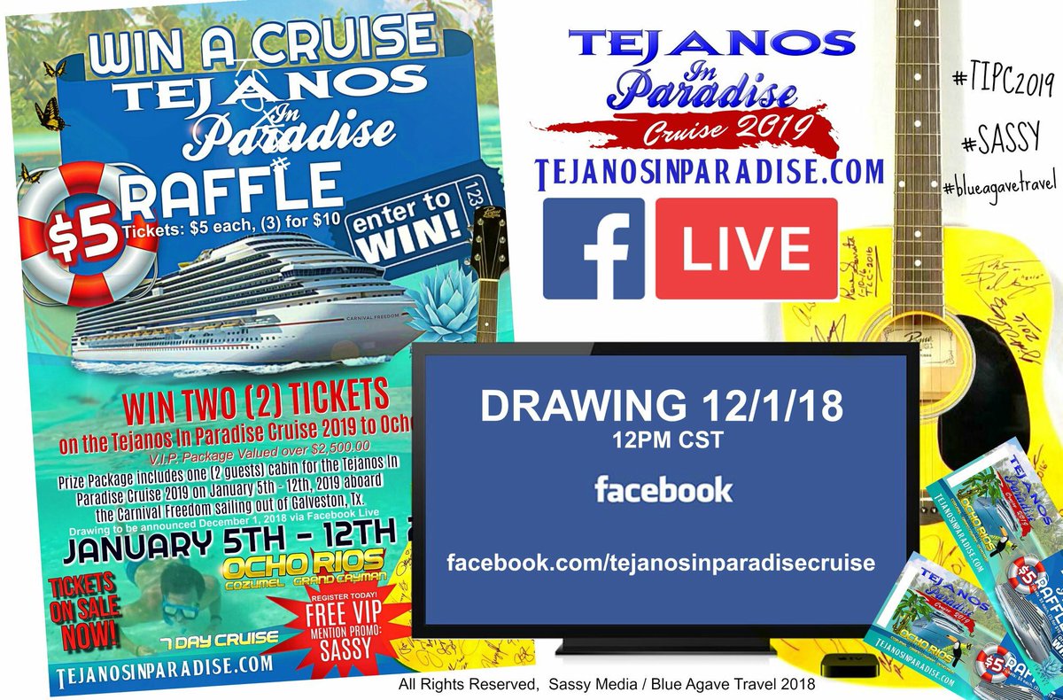 CruiseCLive's tweet photo. Tejanos In Paradise Cruise Official Raffle! Drawing today Saturday December 1, 2018, 12pm CST. #sassy #tipc2019 #blueagavetravel
Tune in LIVE on Tejanos In Paradise facebook!
https://t.co/BVJfHlL5PD https://t.co/3gtqfQ8FwS