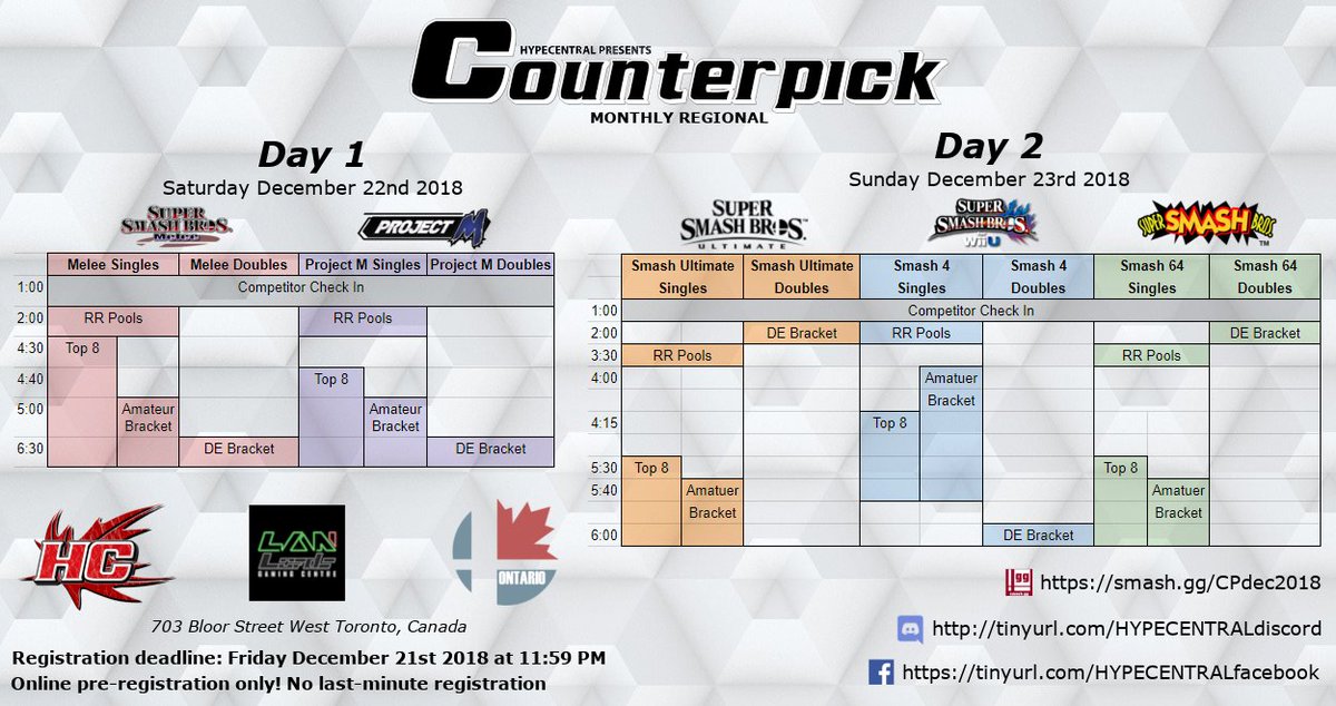 HYPECENTRALLIVE's tweet photo. Here it is, your full #Counterpick December 2018 Schedule! Please review it before the event (22-23 weekend) to know when you're playing! https://t.co/rmDkgtlAqB