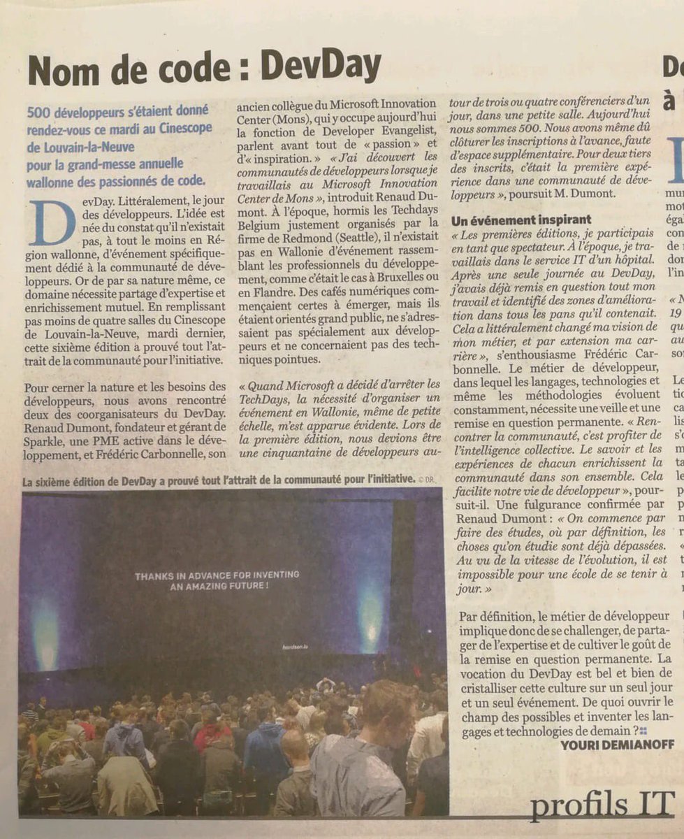 AClerbois's tweet photo. Le @DevDayBE  est dans la presse belge @lesoir #proud #mvpbuzz @DumontRenaud @denisvoituron @MatthieuVdh @fcarbonnelle @GuruuMeditation https://t.co/rX6m4ZPSte