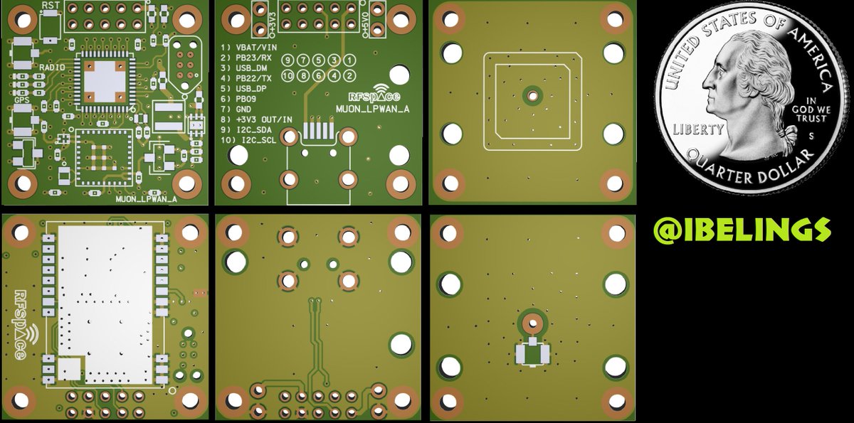 Finally had a chance to finish the #LPWAN version of the #MUON tracker. It uses an SX1262, <a href="/ublox/">u-blox</a> EVA-M8Q, <a href="/MicrochipMakes/">Microchip Makes</a> ATSAMD21G M0+, 3.3V SW supply, 22dBm 850-930 MHz, TCXO, <a href="/arduino/">Arduino</a> compatible and size of a quarter #TTN #LoRa #CHIRPED