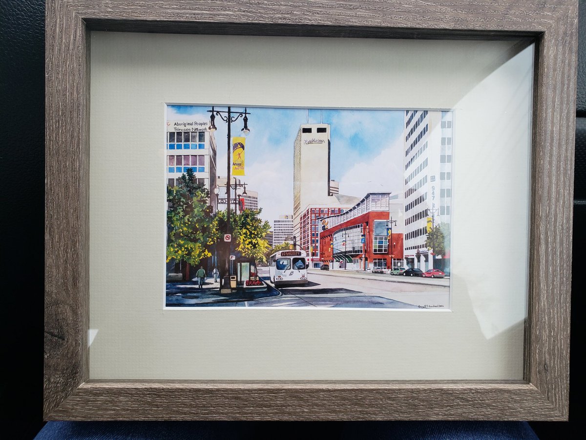 Went to the first ever <a href="/ArtsTechCentre/">Louis Riel Arts & Technology Centre</a> Winter Market today and snagged this fantastic Guy St Godard piece! Downtown WPG in the summer 🕶