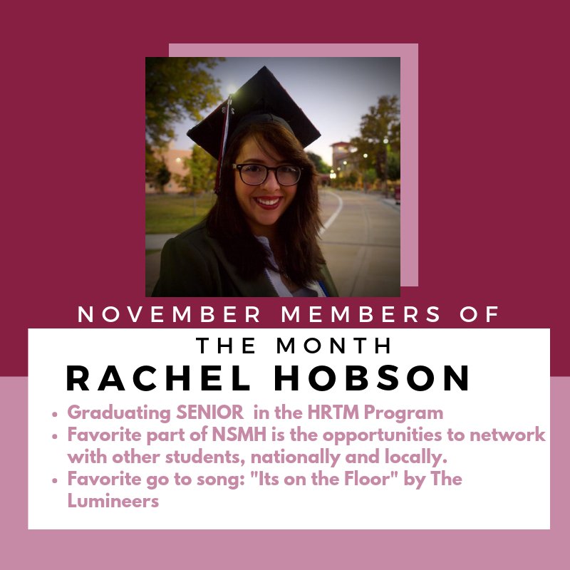 NMSUNSMH's tweet photo. Please help us congratulate Rachel! Not only is she one (we have 2) members of the month this November, but she is also GRADUATING!!! We loved having her as a par of our chapter! We wish her the best in Denver, where she will be part of the opening team of the Gaylord Rockies! https://t.co/JnHPvKEBX3