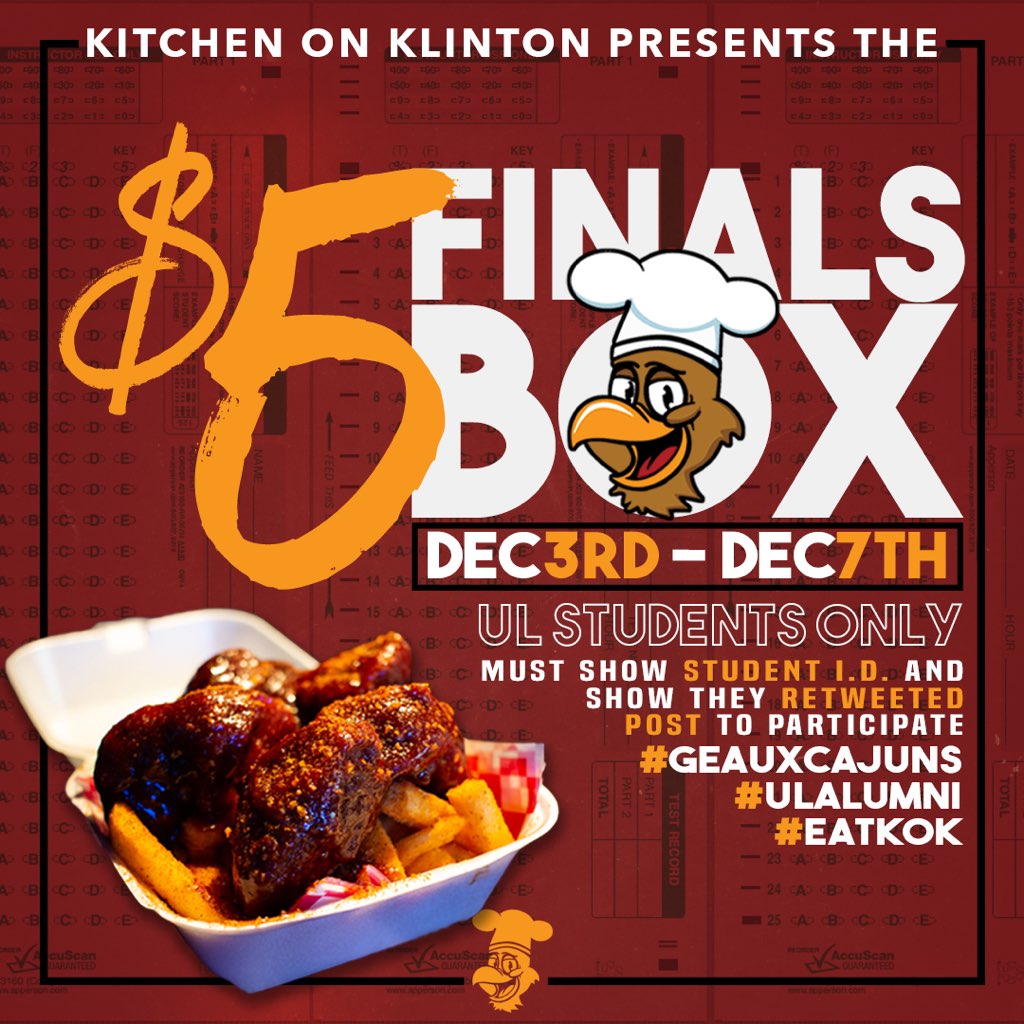 EatKOK_'s tweet photo. Guess what’s back? Our $5 box! In honor of finals week, KOK is giving a deal that you don’t want to miss!

ALL UL students with valid I.D. are eligible participants. You MUST show your I.D. at the time of purchase! 

!RETWEET THIS POST &amp; SCREENSHOT YOUR RT to participate
#eatKOK https://t.co/xTIQ0lWAEy