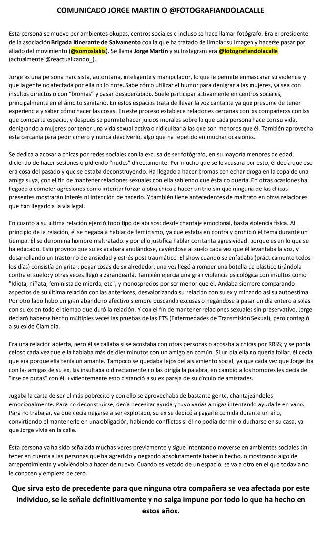 CSrOALaQuimera_'s tweet photo. Comunicado contra JORGE MARTÍN.

Ante sus agresiones nuestra sororidad, autodefensa y acción directa. 
Fuera machos de los espacios. https://t.co/LuCaJXwPD6