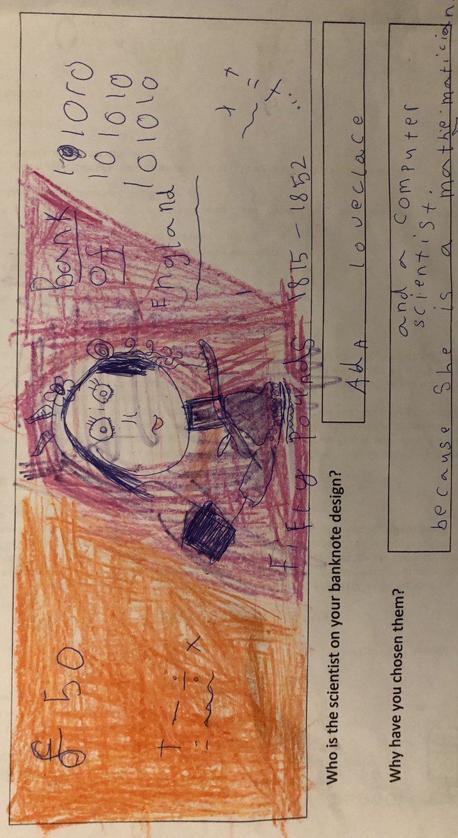 rahulsharma03's tweet image. Fifty pound note art work by year 1 westlodge student Nishka #ThinkScience @bankofengland @WestLodgeSchool #adalovelace #firstcomputerprogrammer