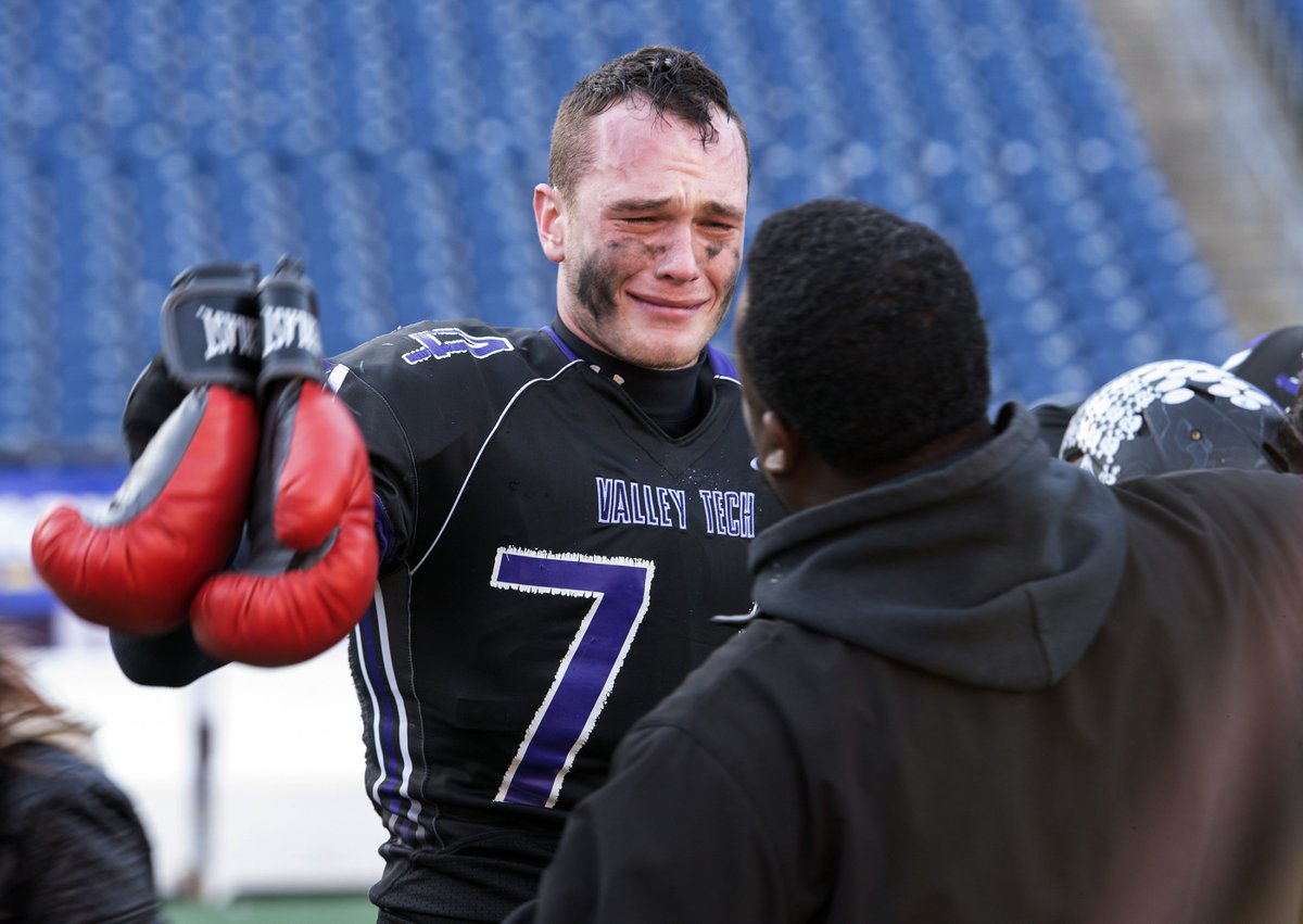 Blackstone Valley Tech (<a href="/BVTBeavers/">BVT Athletics</a>) senior captain Justin Sauter (<a href="/Jsauter19/">Justin Sauter</a>) cries tears of joy after <a href="/BVTFootball/">BVT Football</a> beat St. Mary's (Lynn) in the Division 7 Super Bowl. Sauter also is carrying two boxing gloves -- as Rocky II was the Beavers mantra this season. 📸: <a href="/photoed/">𝙹𝚘𝚑𝚗 𝚆𝚊𝚕𝚔𝚎𝚛 📷</a>