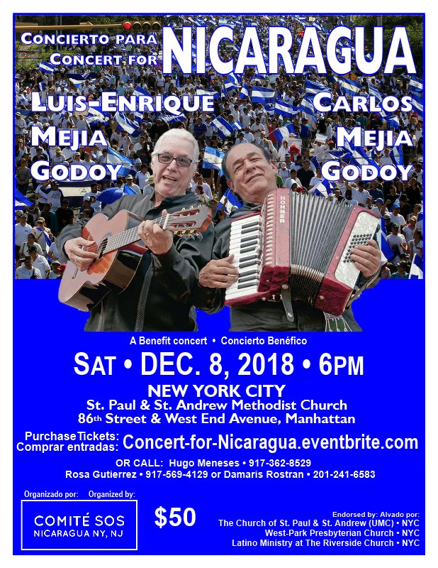 LoveInDTime's tweet image. Amazing concert! Luis-Enrique Mejia Godoy and his brother, Carlos Mejia Godoy TOGETHER! Benefit for Nicaraguans in exile due to Ortega's repression. #Nicaragua, #JusticeForNicaragua, #Mejia