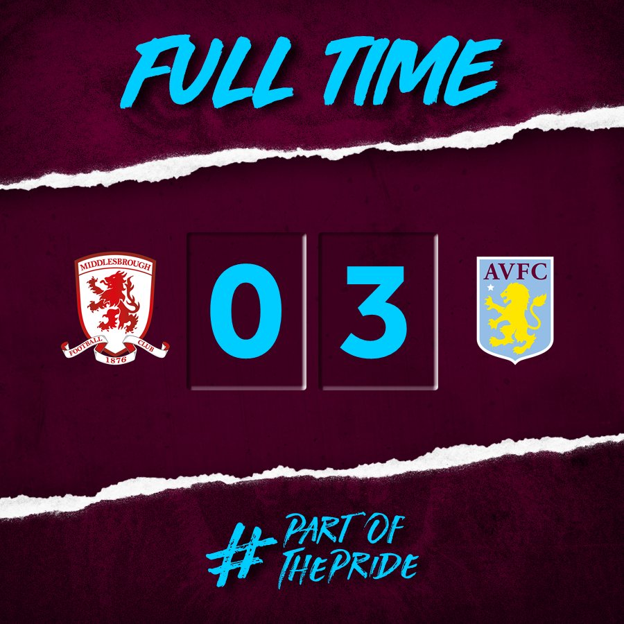 AVFCOfficial's tweet photo. FT: #Boro 0-3 #AVFC 

The whistle goes at the Riverside! Another superb away performance from Villa. James Chester, @TammyAbraham and Glenn Whelan with the goals as we make it seven points from nine this week and back-to-back wins on the road. 👊

#PartOfThePride https://t.co/Q9lZM7H1yP