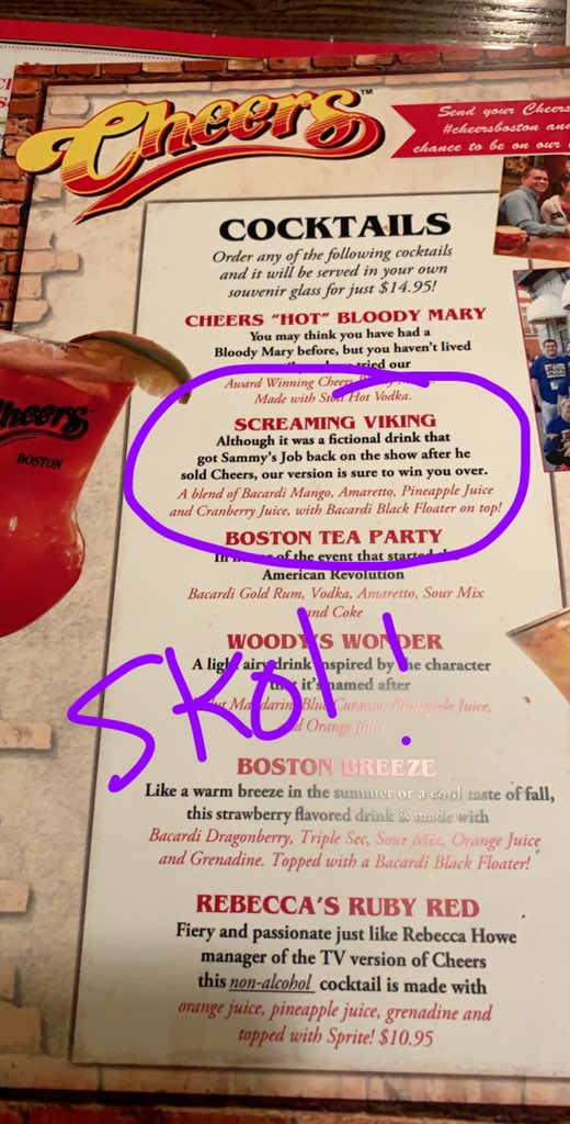 Look where we are!! And look what’s on the drink menu! #skol #CheersBoston