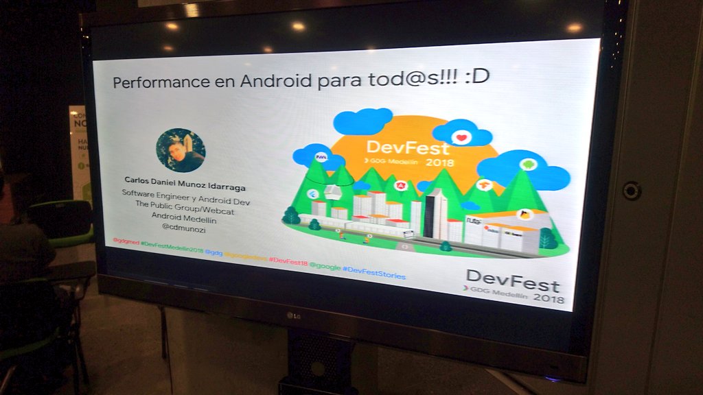 gdgmed's tweet photo. And now we can enjoy this amazing talk "Performance in Android for all" by @cdmunozi at #DevFest18

Y ahora podemos disfrutar de esta increíble charla sobre "Performance en Android para tod@s!!!" por Carlos Muñoz en #devFestMedellin2018 https://t.co/SRQn1ScRIJ