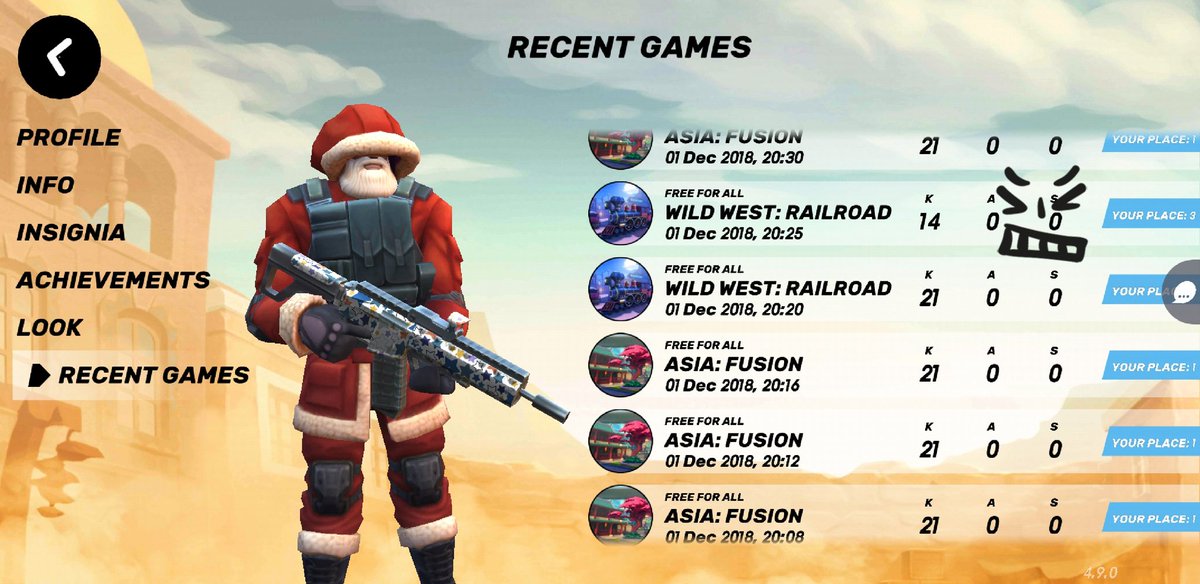 😵 14 

Almost Close To Get 1st Place 10 Times in a row ( check Battles Timing ) 

Code : Red Event 

#GunsOfBoom_STOP_